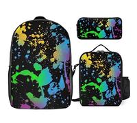 FJAUOQ Rainbow of Neon Paint Splatters - Juego de 3 mochilas, bolsa de almuerzo, estuche para lápices, gran capacidad, Rainbow of Neon Paint Splatters, Talla única, Mochilas