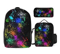 FJAUOQ Rainbow of Neon Paint Splatters - Juego de 3 mochilas, bolsa de almuerzo, estuche para lápices, gran capacidad, Rainbow of Neon Paint Splatters, Talla única, Mochilas