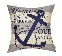 Fjfz Funda de cojín decorativa de lino y algodón para sofá, diseño de casa de campo náutico de 16 x 16 pulgadas, con texto en inglés "Home is Wherever We Drop Our Anchor Cita"