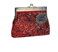 FJOADNVM Bolso De Lentejuelas Elegante bolso de mano noche con cuentas lentejuelas y perlas pavo real, adorno brillante for mujer, bandolera bordado for fiesta, cadena Metal Cena(Red 22X14X4)