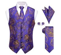 FJOADNVM Chaleco Formal Hombres Conjunto de gemelos y pañuelo bolsillo con estampado floral morado for hombre, ideal for bodas, negocios fiestas(S)