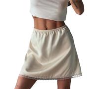 FJOADNVM Falda De Satén para Mujer Summer Sexy Satin White Lace Mini Skirts Women Street Chic Red High Waist Skirt Casual Slim Elastic Female para Mujeres(Color-3,M)