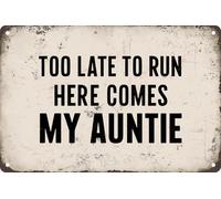 FJQWKLF Letrero de metal vintage Too Tarde to Run Here Comes My Auntie para decoración de pared del hogar, sala de estar, bar y club, 30 x 40 cm.