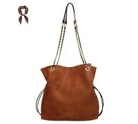 FJZFXKZL Bolso tipo cubo de ante sintético for mujer, bolso cruzado con correa de cadena y asa superior con cordón for viajes de trabajo(Brown-L)