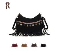 FJZFXKZL Bolsos cruzados de gamuza sintética for mujer, bolso de flecos vintage, bolso de vaquera Hobo borla moda bolso de hombro occidental(Black)