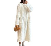 FJZFXKZL Ropa De Dormir De Lana De Coral De Invierno Camisón De Mujer Vestido De Noche Largo Pijamas con Bolsillos Vestido De Jacquard Engrosado Ropa Cálida for El Hogar Camisones(White,XL)