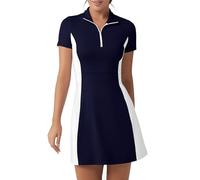 FKEEP Vestido de Golf atlético con Cuello Polo para Mujer con Pantalones Cortos, Vestido Casual sin Mangas con Bloques de Color, Azul Marino y Blanco, S
