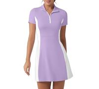 FKEEP Vestido de golf atlético con cuello polo para mujer con pantalones cortos, vestido casual sin mangas con bloques de color, púrpura claro y blanco, M