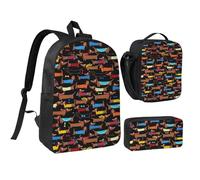 FKHOHL Juego de mochila transpirable con estampado de perro salchicha con texto en inglés "I Love My Dog", bolsa de almuerzo y bolígrafo, conveniente para llevar aperitivos y bebidas