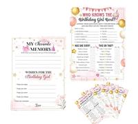 fKiZanthene 30 tarjetas de juego de fiesta de cumpleaños para niñas de doble cara de 15 x 20 cm con Who Knows The Birthday Girl Best My Favorite Memory Wishes for the Birthday Girl Sleepover Party