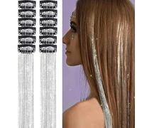 fKiZanthene Hair Tinsel Clip en plata en set con doce mechones, mechones de pelo de fibra sintética para peinar, juegos y actuaciones en fiestas, escuela o casa