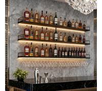 FKKPRVAX 120CM Botellero de Pared Industrial Luz LED, 3 Niveles Moderno Botellero de Metal con portavasos de, Multifuncional Estante para Vino Apto para Cocina, Bar, Cafetería y decoración (Negro)