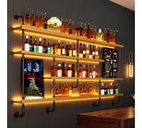 FKKPRVAX 150CM Botellero de Pared Industrial Luz LED, 4 Niveles Estantes de Madera para Botellas de Licor, Estantes Flotantes, Organizador para Bar y Comedor(150×20×150CM)