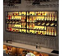 FKKPRVAX 200CM Estantería de Vino de Pared con Luz LED, Metálica 4 Niveles Estilo Industrial Colgante para Botellas y Copas, Decoración para Bar en Casa y Comedor (Negro)
