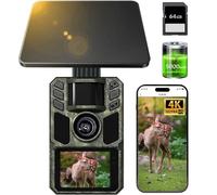 FKPCAM Cámara de caza con aplicación de transferencia de teléfono móvil, cámara de animales salvajes 4K 64 MP, WiFi solar con batería de litio, detector de movimiento, visión nocturna, incluye tarjeta