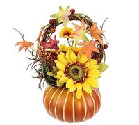 Flair Flower Arreglo con Flores Artificiales, Girasol, Bayas, Hojas otoñales en Calabaza, Flores Artificiales, Flores Decorativas, Flores de otoño, Flores de Seda, decoración de Mesa, 15 cm