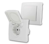 FLAIR Juego de 2 piezas antihumedad XS IP44 - Interruptor y enchufe con marco, montaje empotrado, conexión enchufable, resistente a salpicaduras, blanco