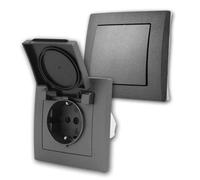 FLAIR Juego de 2 piezas antihumedad XS IP44 para montaje empotrado: interruptor y enchufe de dos vías con tapa abatible, junta de goma, conexión enchufable, 230 V/50 Hz, antracita