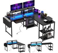 Flamaker Mesa de gaming, forma de L, 140 x 140 cm, escritorio esquinero con LED RGB, soporte para monitor y compartimento de almacenamiento, 2 enchufes y 2 puertos USB (fibra de carbono negro)