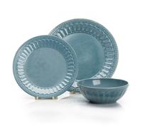 FLAMEFIELD Juego de melamina azul vintage de 12 piezas, elegante vajilla inspirada en Riviera, perfecta para capturar la esencia de la elegancia francesa en interiores y exteriores, cada comida es una