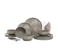 Flamefield Pebble Sky - Juego de vajilla de melamina de 12 piezas - Vajilla para exterior inspirada en el crepúsculo, duradera y resistente a roturas, apta para lavavajillas, perfecta para cenas en la