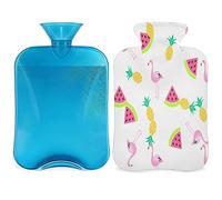 Flamingo - Botella de agua caliente de verano con funda esponjosa, 2 L, gran capacidad, impresión de verano, bolsa de agua para noches acogedoras, alivio del dolor, espalda, cuello y hombros