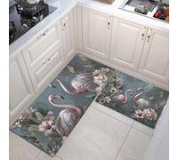 Flamingo Greenery Estilo de Arte Collage Alfombra de Cocina Lavable, Antideslizante, cómoda, Impermeable, para el hogar, la Cocina y la lavandería, 2 Piezas (Gris Azulado, 40x60+40x120cm)