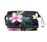 Flamingo in The Tropical Plants Jungle - Neceser de doble capa para mujeres y niñas, neceser de viaje, bolsa organizadora de maquillaje con compartimento para cepillos, multicolor, 27x15x14