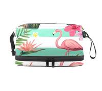 Flamingo in The Tropical Plants Jungle - Neceser de doble capa para mujeres y niñas, neceser de viaje, bolsa organizadora de maquillaje con compartimento para cepillos, multicolor, 27x15x14