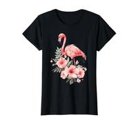 Flamingo Lover Vintage Flores Retro Hawaiano Floral Playa Camiseta gráfica económica, Mujer, Negro, L