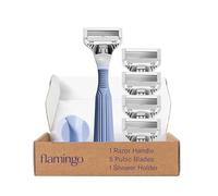 Flamingo Maquinilla de afeitar de vello púbico para mujer, kit de afeitado, 1 mango de afeitar púbico, 4 recambios de cinco cuchillas, 1 soporte de ducha, juego de inicio, kit completo
