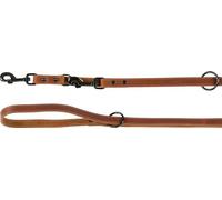Flamingo Montana Cognac Leather Dog Training Lead - 200 cm x 20 mm - 3 Positions Adjustment - with Rivets and Carabiner with Black Gloss Finish