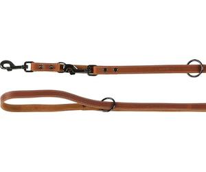 Flamingo Montana Cognac Leather Dog Training Lead - 240 cm x 20 mm - 3 Positions Adjustment - with Rivets and Carabiner with Black Gloss Finish