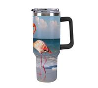 Flamingo On The Beach - Taza de café de viaje, vaso de 40 onzas con asa y tapa con popote, taza de coche de gran capacidad a prueba de fugas, mantiene el frío o el calor para gimnasio, viajes y