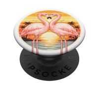 Flamingo Pareja Corazón Retro Puesta del Sol Horizonte Am PopSockets PopGrip Adhesivo