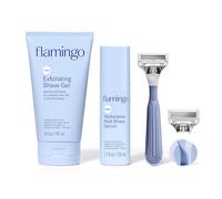 Flamingo Pubic Hair Razor for Women, Shaving Kit, 1 Razor, Exfoliating Shaving Gel 5 fl oz - Restorative Post Shave Serum 1.7 fl oz, Starter Set, Full Kit