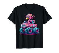 Flamingo Riding Monster Truck Illustration Graphic Print Camiseta