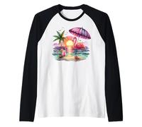 Flamingo Sunset Paradise Bajo El Paraguas Rosa Camiseta Manga Raglan