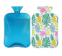 Flamingo Tropical - Botella de agua caliente con funda esponjosa, 2 L, botella de palma de flamenco, bolsa de agua para noches acogedoras, alivio del dolor, espalda, cuello y hombros