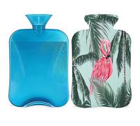 Flamingo Tropical Palm - Botella de agua caliente con funda esponjosa, 2 L, botella de flamenco de gran capacidad, bolsa de agua para noches acogedoras, alivio del dolor, espalda, cuello y hombros
