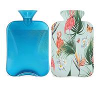 Flamingo Tropical Palm Flower - Botella de agua caliente con funda esponjosa, 2 L, botella tropical de gran capacidad, bolsa de agua para noches acogedoras, alivio del dolor, espalda, cuello y hombros