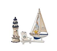 Flanacom Bonita Decoración de Baño Marítima - Set de 3 - Faro, Velero y Silla de Playa de Madera - Accesorios para el Baño - Muchos Detalles (Set #1)