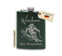 Flanacom Petaca con grabado de acero inoxidable, incluye embudo, 227 ml, conductor de esquí, alcohol, regalos para hombres, petaca personalizada con grabado personalizado (diseño de 2,8 onzas verde)