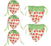 Flannel Drawstring Bag, Cartoon Strawberry Print Reusable, 5.51x6.69 Inches Fabric Storage Drawstring 5x Bag, Treat Sacks Party for Favor Boxes. Shower Gift Pouch