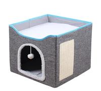 Flaroey Cama plegable para gatos, casa para gatos con bola esponjosa y almohadilla para rascar, cueva de cubo grande para gatitos para dormir cómodos suministros para mascotas