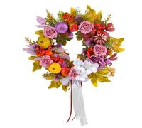 Flaroey Decoración de Otoño: Coronas de Otoño para Puerta de Entrada Exterior con Rosa de Seda Floreciente, Calabaza de Otoño Realista, Bayas Moradas y Lazo