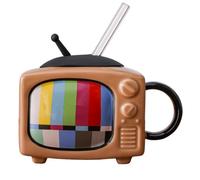 Flaroey Juego de tazas de café cuadradas de cerámica con popote y tapa, de té para oficina, retro, TV, color chocolate