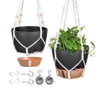 Flaroey Maceta colgante de 10 pulgadas para plantas de interior, paquete de 2 cestas colgantes de riego automático con agujero de drenaje, color negro