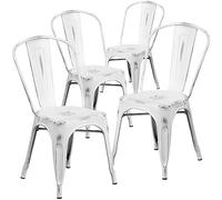Flash Furniture Blake - Silla apilable de Metal Blanco Envejecido para Interiores y Exteriores, 4 Unidades