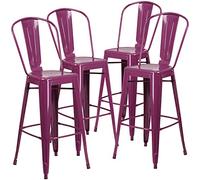 Flash Furniture Juego de 4 taburetes de Metal de Grado Comercial para Interiores y Exteriores de 30 Pulgadas de Alto con Respaldo, Color Morado, Juego de 4